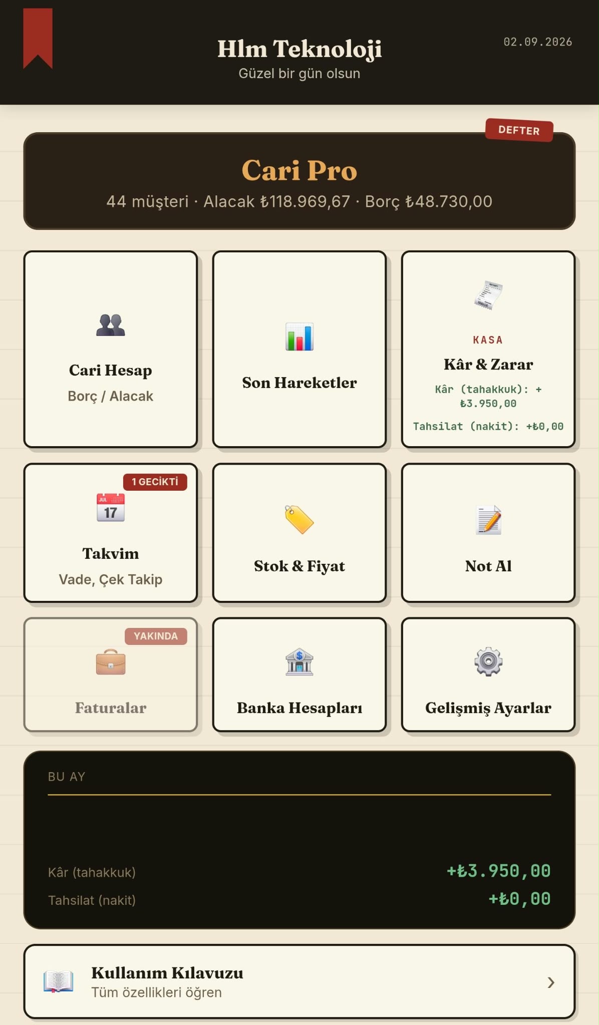Cari Pro anasayfa: Cari Hesap, Son Hareketler, Kâr & Zarar, Takvim, Stok & Fiyat ve daha fazlası