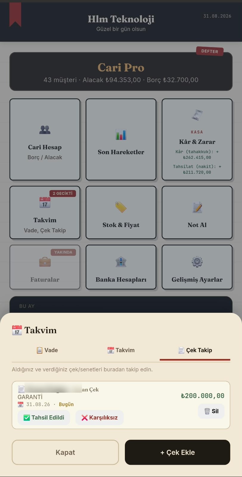 Çek Takip sekmesi, alınan çek örneği