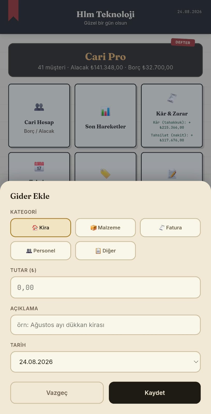 Gider ekleme formu