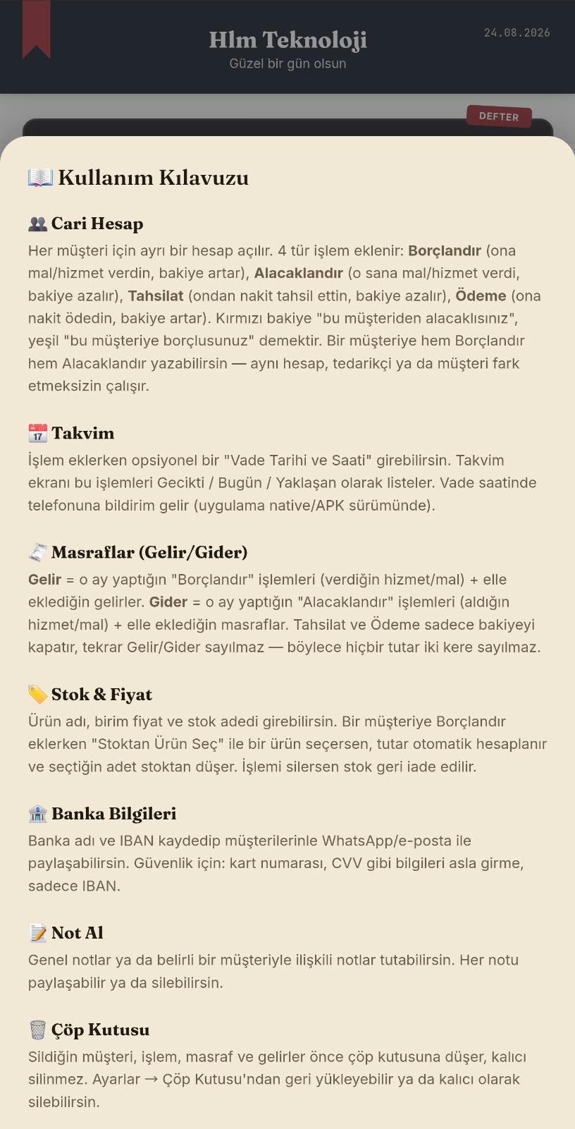 Uygulama içi kullanım kılavuzu