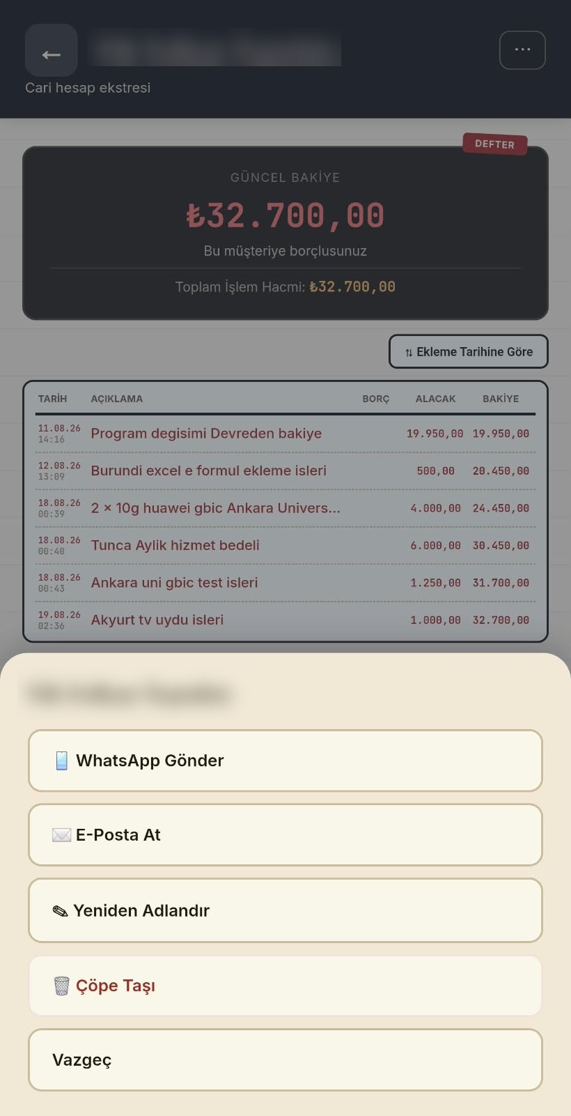 Müşteri işlem menüsü: WhatsApp Gönder, E-Posta At, Yeniden Adlandır