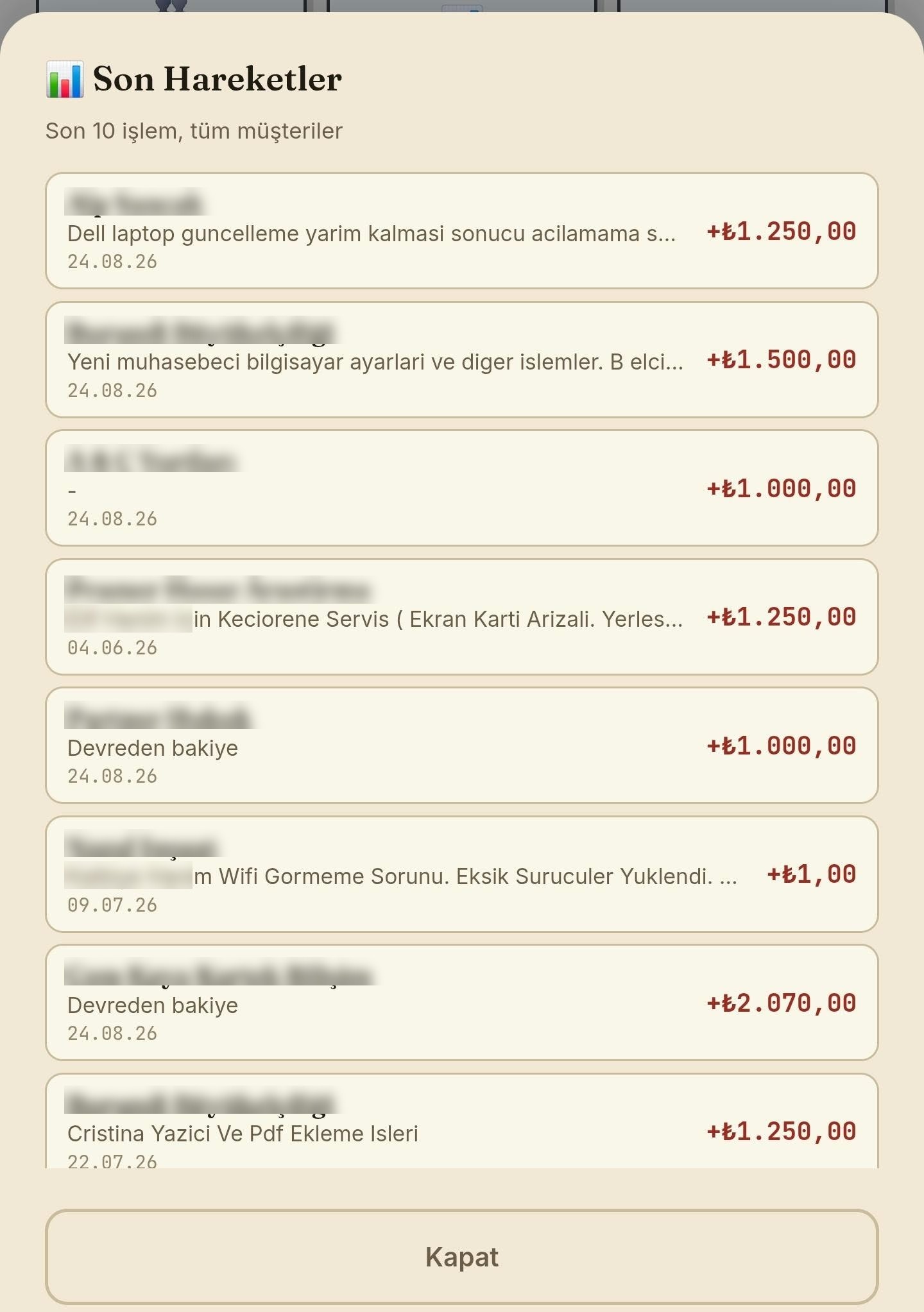 Son hareketler listesi