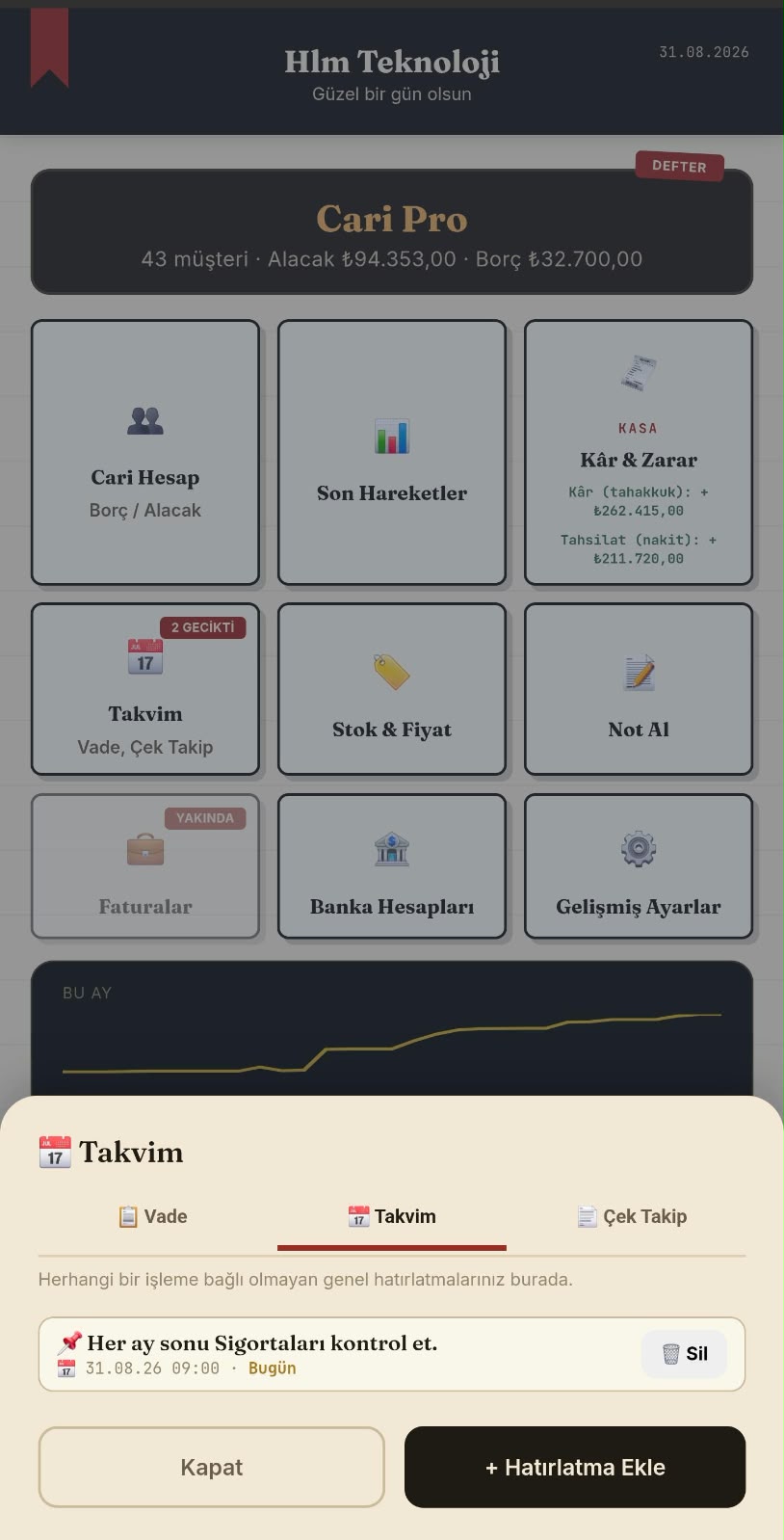 Yeni Takvim ekranı: Vade, Takvim ve Çek Takip sekmeleri