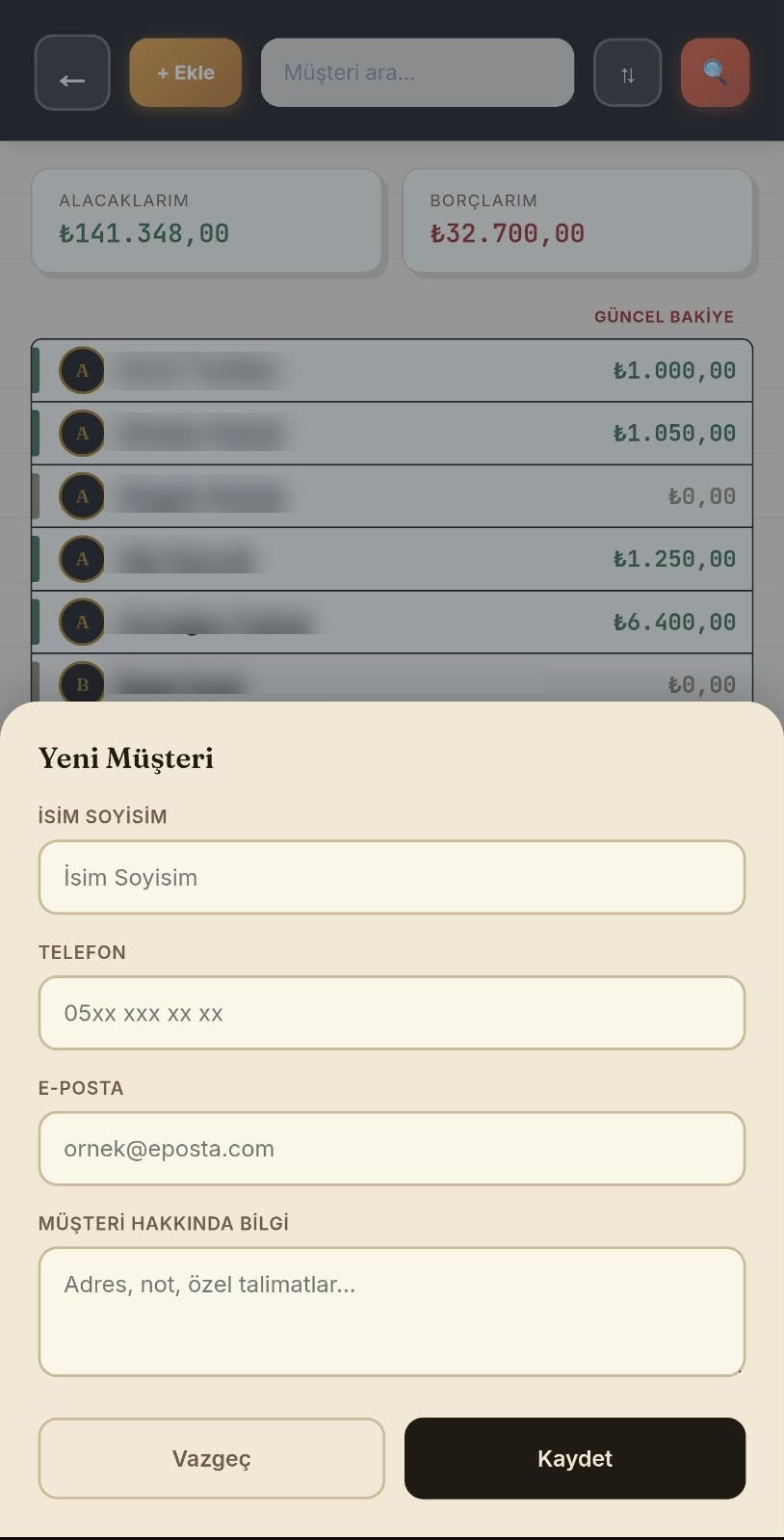 Yeni müşteri ekleme formu